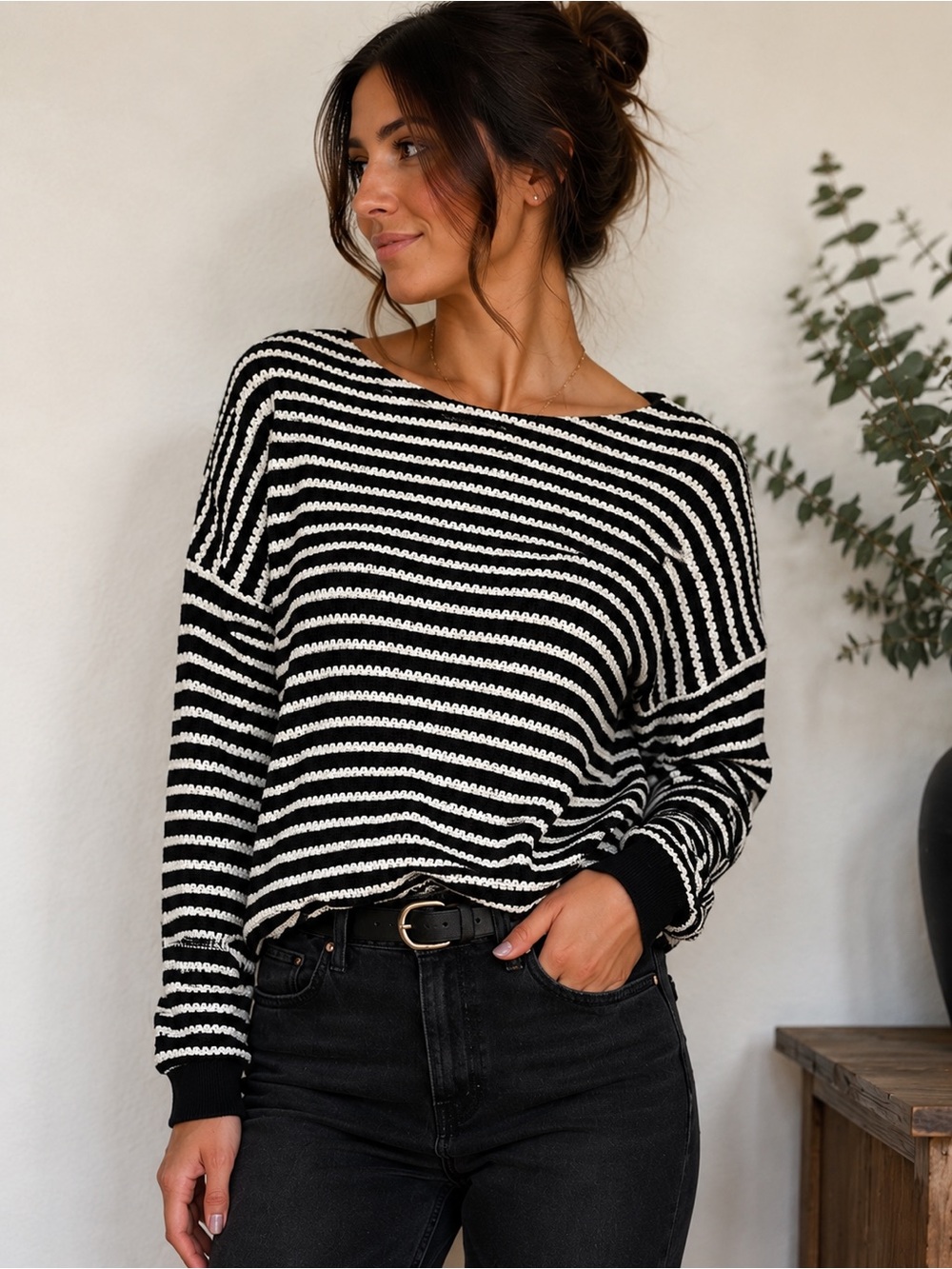 Pink Lily Black & White Striped Scoopneck Sweater